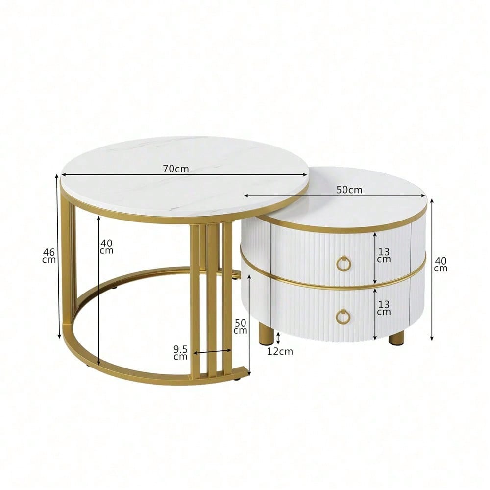 2-in-1 runder MDF-Couchtisch, Beistelltisch mit glänzender Platte und 1 weißer Marmorplatte, Wohnzimmer-Couchtischkombination mit 2 Schubladen, 70*70*46 + 50*50*40 cm