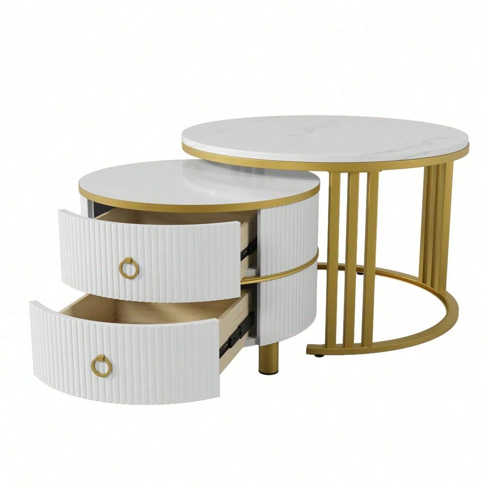 2-in-1 runder MDF-Couchtisch, Beistelltisch mit glänzender Platte und 1 weißer Marmorplatte, Wohnzimmer-Couchtischkombination mit 2 Schubladen, 70*70*46 + 50*50*40 cm