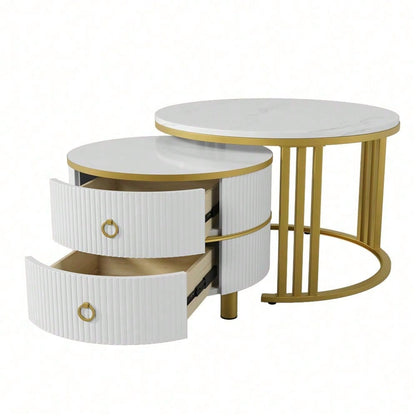 2-in-1 runder MDF-Couchtisch, Beistelltisch mit glänzender Platte und 1 weißer Marmorplatte, Wohnzimmer-Couchtischkombination mit 2 Schubladen, 70*70*46 + 50*50*40 cm