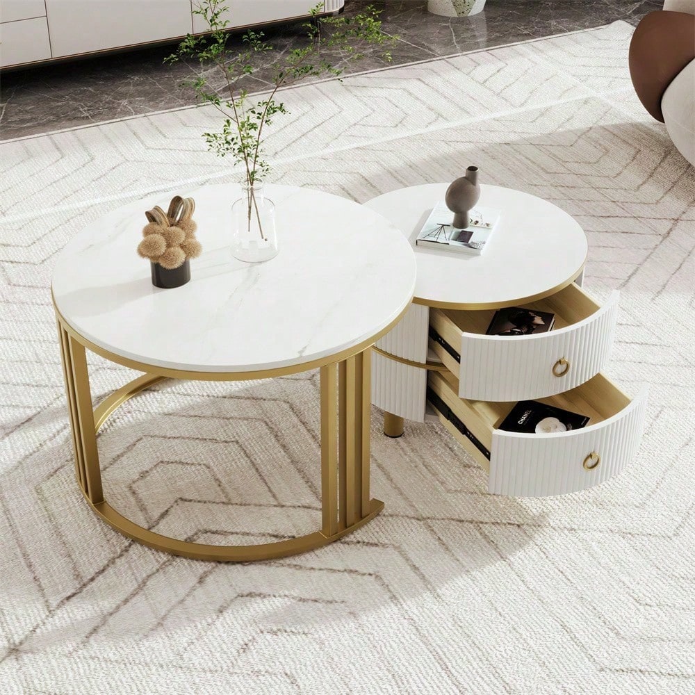 2-in-1 runder MDF-Couchtisch, Beistelltisch mit glänzender Platte und 1 weißer Marmorplatte, Wohnzimmer-Couchtischkombination mit 2 Schubladen, 70*70*46 + 50*50*40 cm