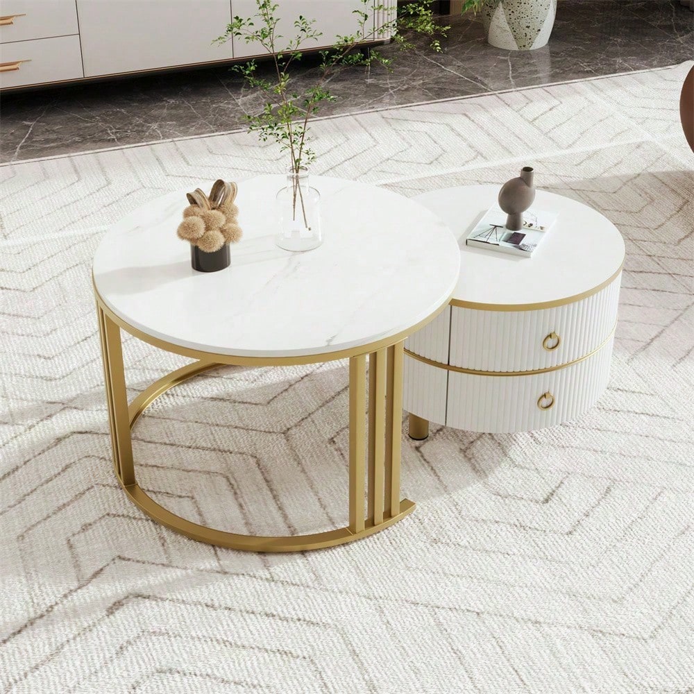 2-in-1 runder MDF-Couchtisch, Beistelltisch mit glänzender Platte und 1 weißer Marmorplatte, Wohnzimmer-Couchtischkombination mit 2 Schubladen, 70*70*46 + 50*50*40 cm