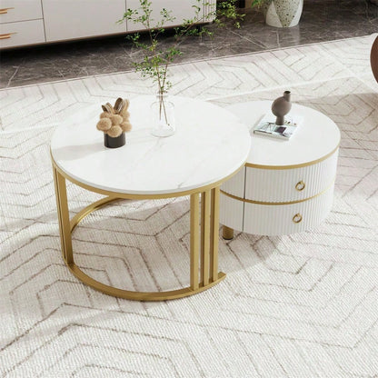 2-in-1 runder MDF-Couchtisch, Beistelltisch mit glänzender Platte und 1 weißer Marmorplatte, Wohnzimmer-Couchtischkombination mit 2 Schubladen, 70*70*46 + 50*50*40 cm