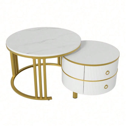 2-in-1 runder MDF-Couchtisch, Beistelltisch mit glänzender Platte und 1 weißer Marmorplatte, Wohnzimmer-Couchtischkombination mit 2 Schubladen, 70*70*46 + 50*50*40 cm