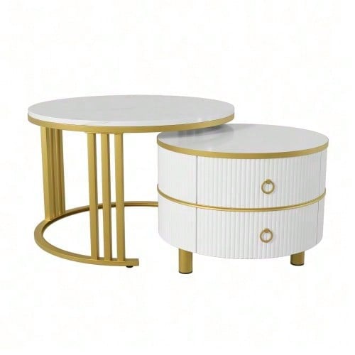 2-in-1 runder MDF-Couchtisch, Beistelltisch mit glänzender Platte und 1 weißer Marmorplatte, Wohnzimmer-Couchtischkombination mit 2 Schubladen, 70*70*46 + 50*50*40 cm