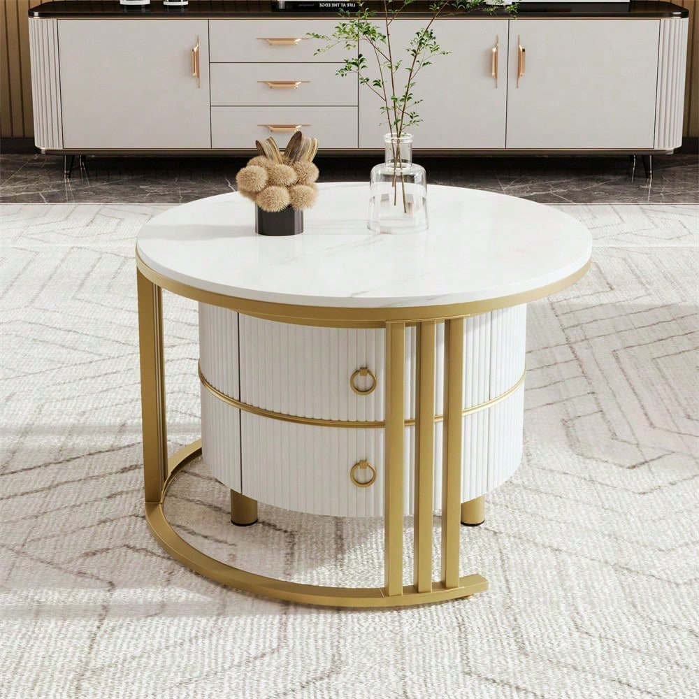 2-in-1 runder MDF-Couchtisch, Beistelltisch mit glänzender Platte und 1 weißer Marmorplatte, Wohnzimmer-Couchtischkombination mit 2 Schubladen, 70*70*46 + 50*50*40 cm