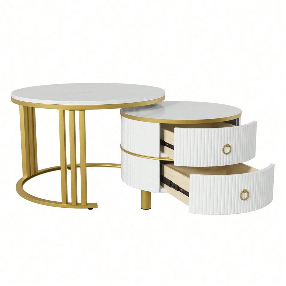 2-in-1 runder MDF-Couchtisch, Beistelltisch mit glänzender Platte und 1 weißer Marmorplatte, Wohnzimmer-Couchtischkombination mit 2 Schubladen, 70*70*46 + 50*50*40 cm