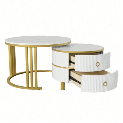 2-in-1 runder MDF-Couchtisch, Beistelltisch mit glänzender Platte und 1 weißer Marmorplatte, Wohnzimmer-Couchtischkombination mit 2 Schubladen, 70*70*46 + 50*50*40 cm