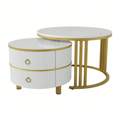 2-in-1 runder MDF-Couchtisch, Beistelltisch mit glänzender Platte und 1 weißer Marmorplatte, Wohnzimmer-Couchtischkombination mit 2 Schubladen, 70*70*46 + 50*50*40 cm