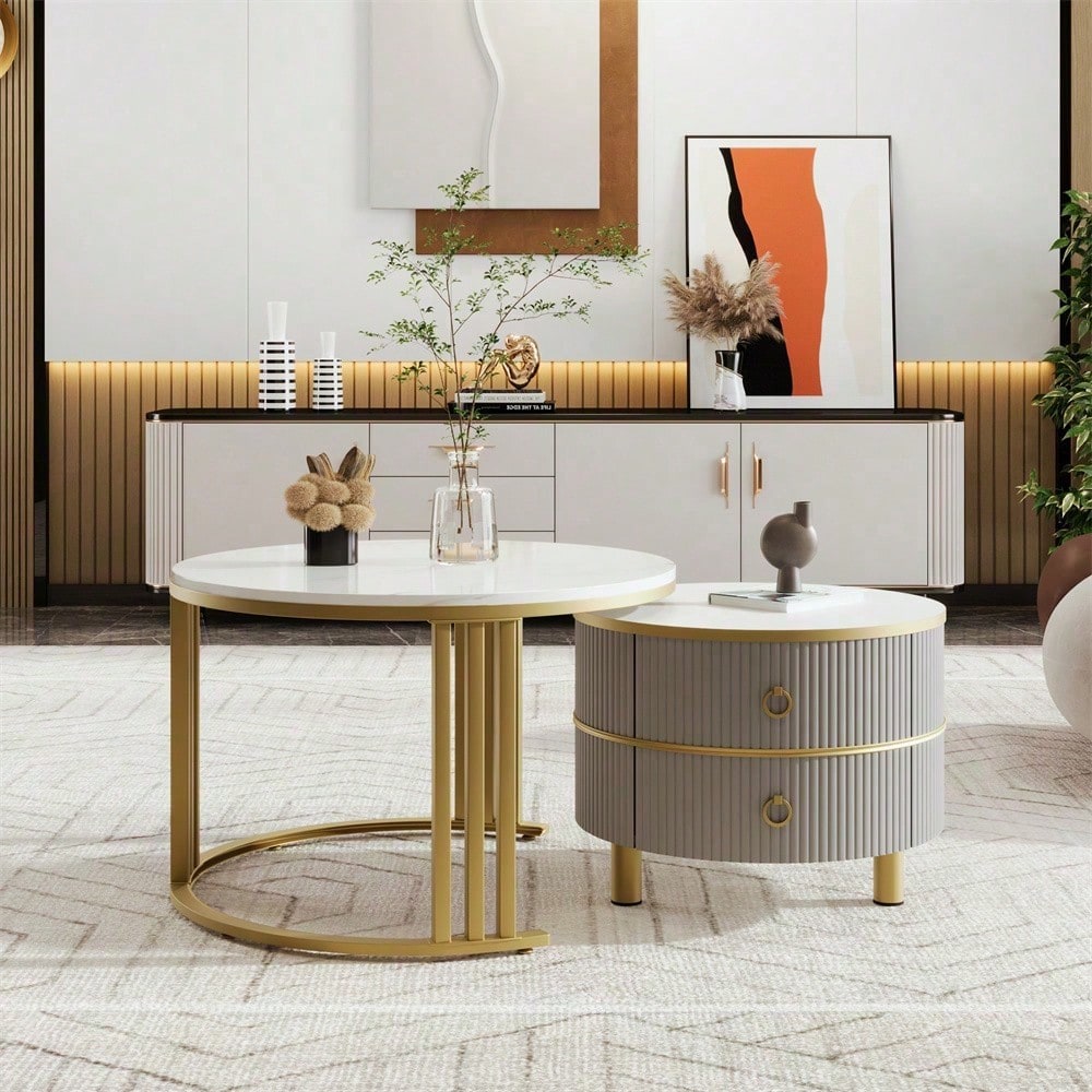2-in-1 runder MDF-Couchtisch, Beistelltisch mit glänzender Platte und 1 weißer Marmorplatte, Wohnzimmer-Couchtischkombination mit 2 Schubladen, 70*70*46 + 50*50*40 cm