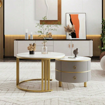 2-in-1 runder MDF-Couchtisch, Beistelltisch mit glänzender Platte und 1 weißer Marmorplatte, Wohnzimmer-Couchtischkombination mit 2 Schubladen, 70*70*46 + 50*50*40 cm