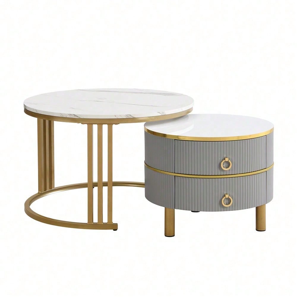 2-in-1 runder MDF-Couchtisch, Beistelltisch mit glänzender Platte und 1 weißer Marmorplatte, Wohnzimmer-Couchtischkombination mit 2 Schubladen, 70*70*46 + 50*50*40 cm