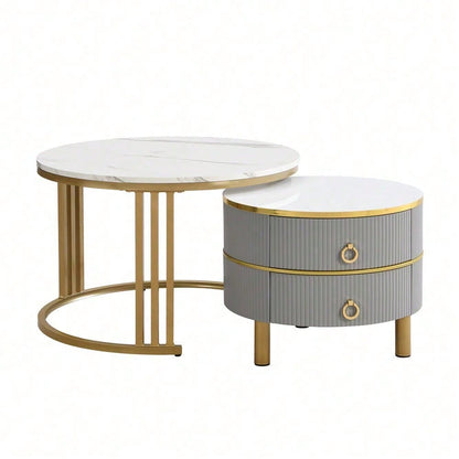 2-in-1 runder MDF-Couchtisch, Beistelltisch mit glänzender Platte und 1 weißer Marmorplatte, Wohnzimmer-Couchtischkombination mit 2 Schubladen, 70*70*46 + 50*50*40 cm