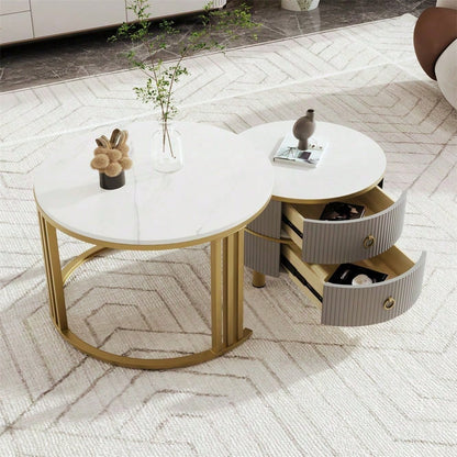 2-in-1 runder MDF-Couchtisch, Beistelltisch mit glänzender Platte und 1 weißer Marmorplatte, Wohnzimmer-Couchtischkombination mit 2 Schubladen, 70*70*46 + 50*50*40 cm