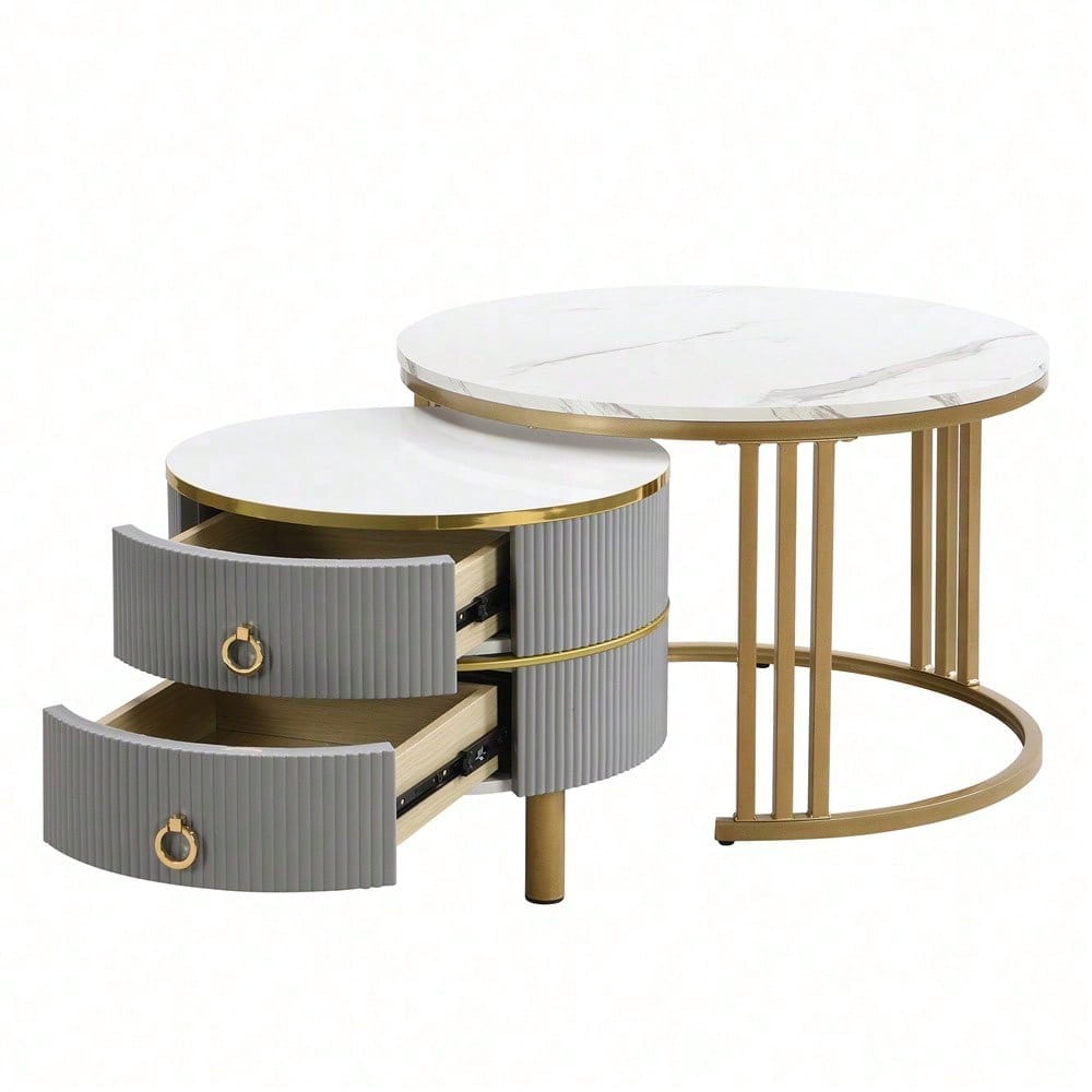 2-in-1 runder MDF-Couchtisch, Beistelltisch mit glänzender Platte und 1 weißer Marmorplatte, Wohnzimmer-Couchtischkombination mit 2 Schubladen, 70*70*46 + 50*50*40 cm