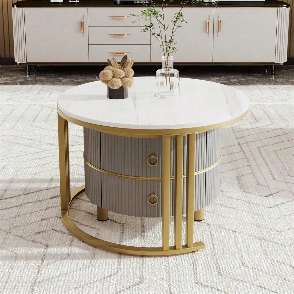 2-in-1 runder MDF-Couchtisch, Beistelltisch mit glänzender Platte und 1 weißer Marmorplatte, Wohnzimmer-Couchtischkombination mit 2 Schubladen, 70*70*46 + 50*50*40 cm