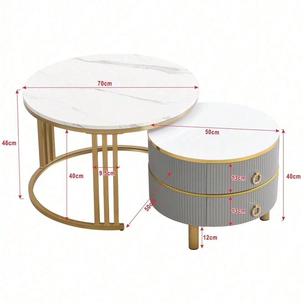 2-in-1 runder MDF-Couchtisch, Beistelltisch mit glänzender Platte und 1 weißer Marmorplatte, Wohnzimmer-Couchtischkombination mit 2 Schubladen, 70*70*46 + 50*50*40 cm