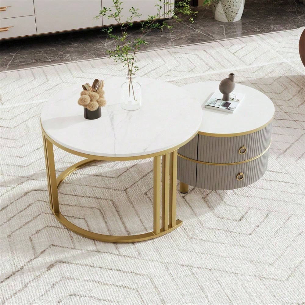 2-in-1 runder MDF-Couchtisch, Beistelltisch mit glänzender Platte und 1 weißer Marmorplatte, Wohnzimmer-Couchtischkombination mit 2 Schubladen, 70*70*46 + 50*50*40 cm