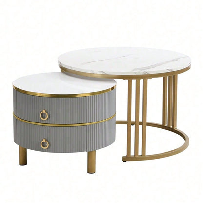 2-in-1 runder MDF-Couchtisch, Beistelltisch mit glänzender Platte und 1 weißer Marmorplatte, Wohnzimmer-Couchtischkombination mit 2 Schubladen, 70*70*46 + 50*50*40 cm