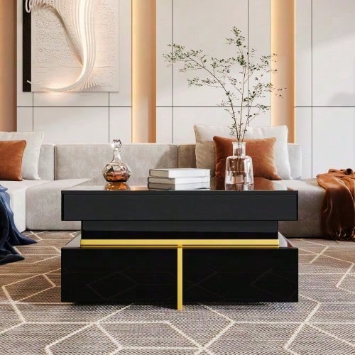 Couchtisch, Hochglanz-Wohnzimmertisch, Beistelltisch mit Schubladen und goldenen Akzenten