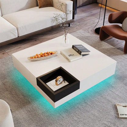 Couchtisch, Hochglanz-Wohnzimmertisch, Beistelltisch mit abnehmbarer Aufbewahrungsbox, Farbblockweiß und Schwarz, 72*72*30 cm, Mit LED-Lichteffekt