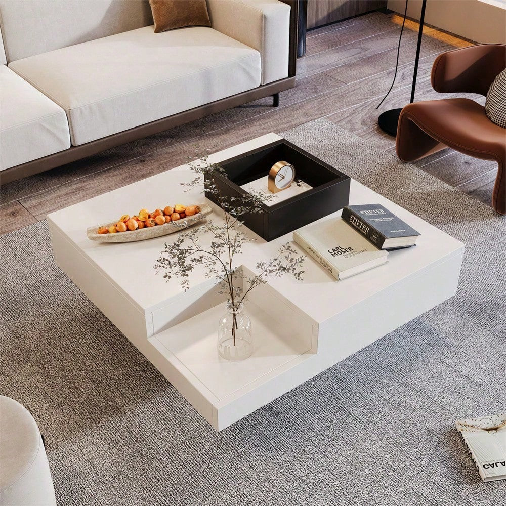 Couchtisch, Hochglanz-Wohnzimmertisch, Beistelltisch mit abnehmbarer Aufbewahrungsbox, Farbblockweiß und Schwarz, 72*72*30 cm, Mit LED-Lichteffekt