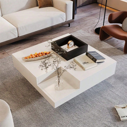 Couchtisch, Hochglanz-Wohnzimmertisch, Beistelltisch mit abnehmbarer Aufbewahrungsbox, Farbblockweiß und Schwarz, 72*72*30 cm, Mit LED-Lichteffekt
