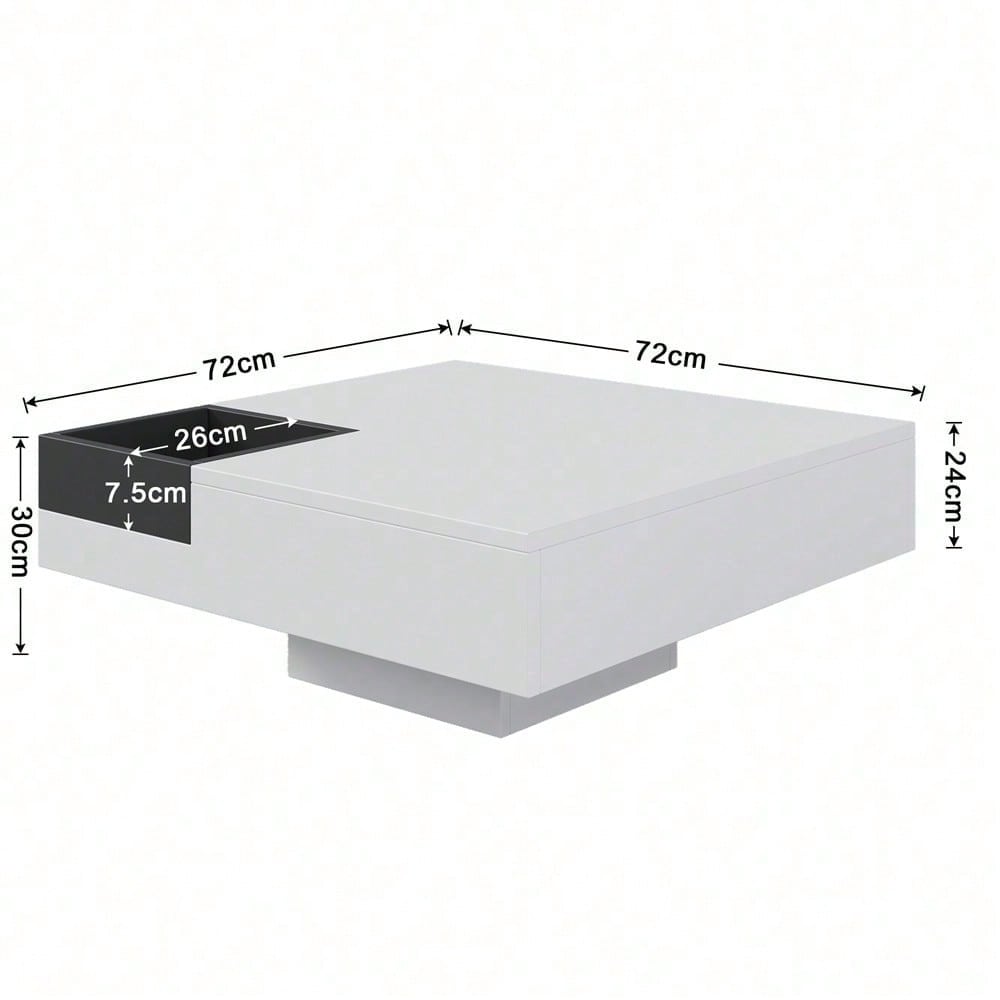 Couchtisch, Hochglanz-Wohnzimmertisch, Beistelltisch mit abnehmbarer Aufbewahrungsbox, Farbblockweiß und Schwarz, 72*72*30 cm, Mit LED-Lichteffekt