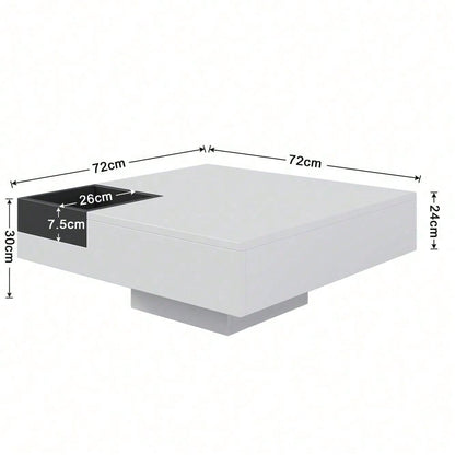 Couchtisch, Hochglanz-Wohnzimmertisch, Beistelltisch mit abnehmbarer Aufbewahrungsbox, Farbblockweiß und Schwarz, 72*72*30 cm, Mit LED-Lichteffekt