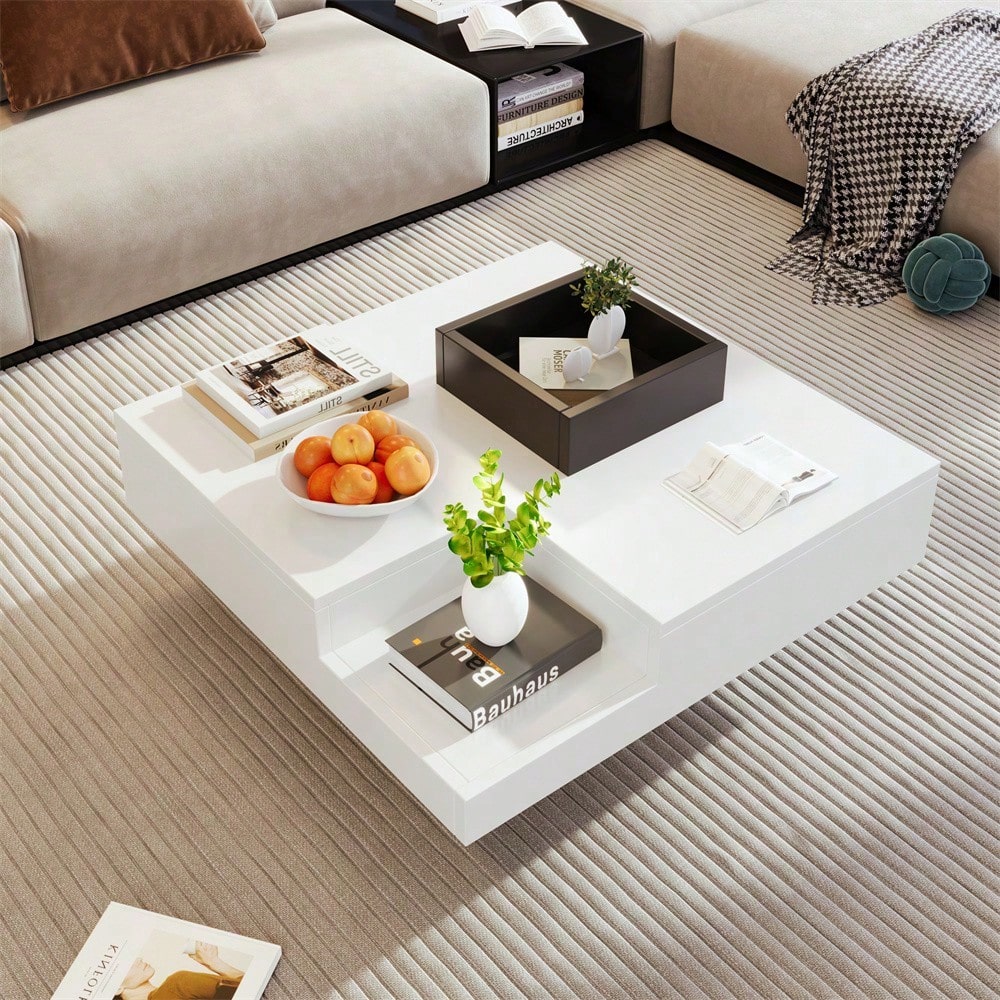 Couchtisch, Hochglanz-Wohnzimmertisch, Beistelltisch mit abnehmbarer Aufbewahrungsbox, Farbblockweiß und Schwarz, 72*72*30 cm, Mit LED-Lichteffekt