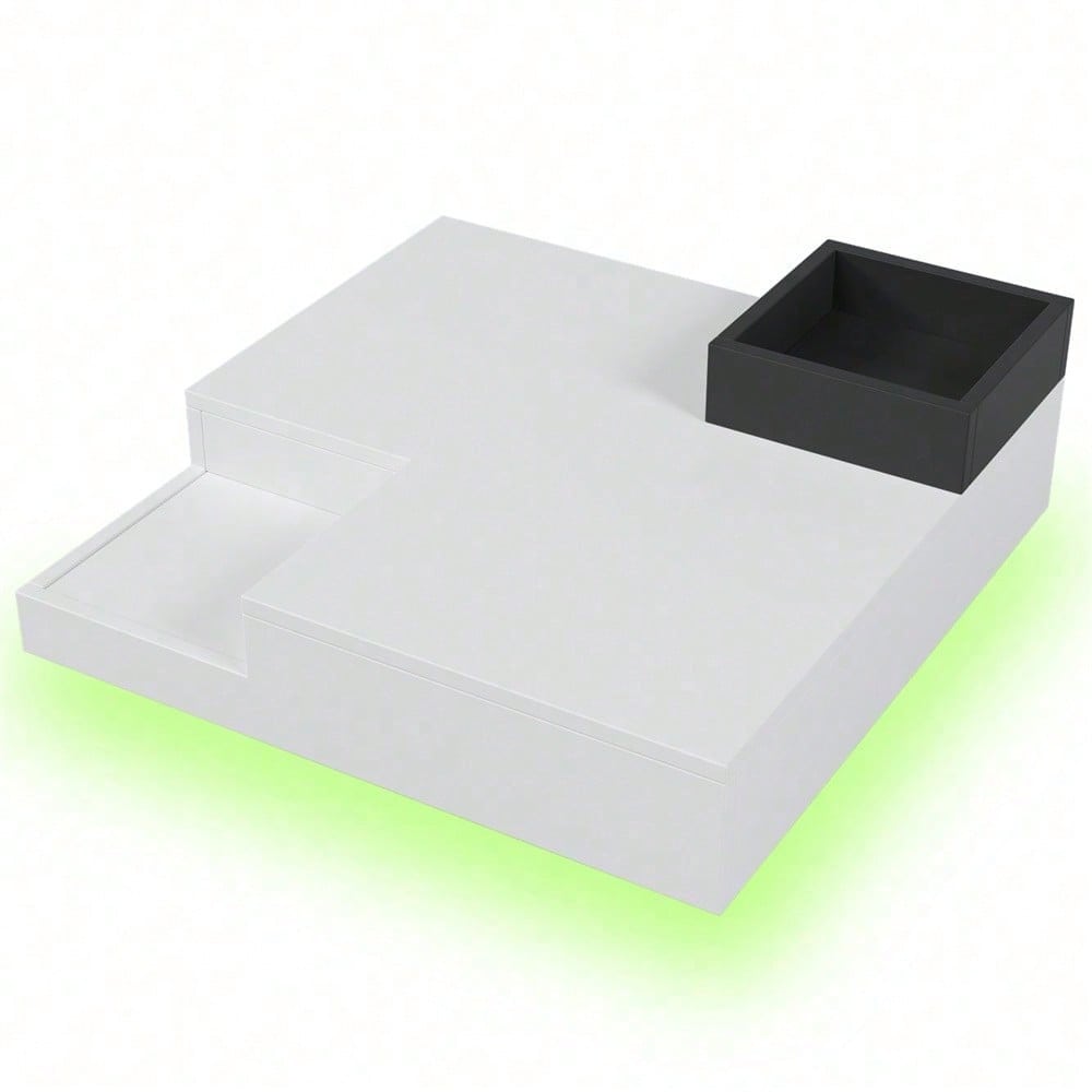 Couchtisch, Hochglanz-Wohnzimmertisch, Beistelltisch mit abnehmbarer Aufbewahrungsbox, Farbblockweiß und Schwarz, 72*72*30 cm, Mit LED-Lichteffekt
