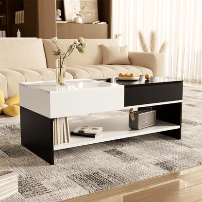 Moderner Couchtisch mit 2 Schubladen – Schwarz-Weiß-Design, Stauraum, Hochglanz-Tischplatte, 100 cm lang