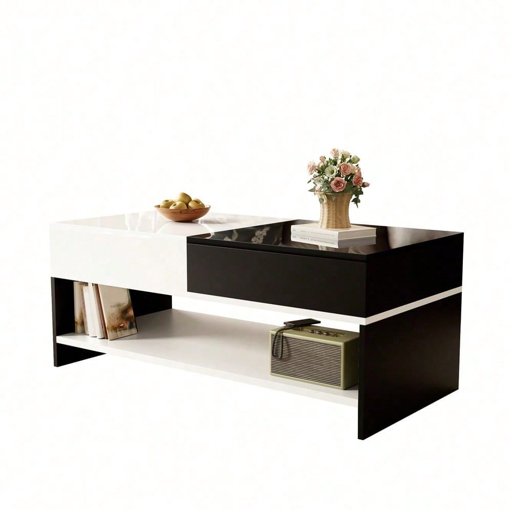 Moderner Couchtisch mit 2 Schubladen – Schwarz-Weiß-Design, Stauraum, Hochglanz-Tischplatte, 100 cm lang