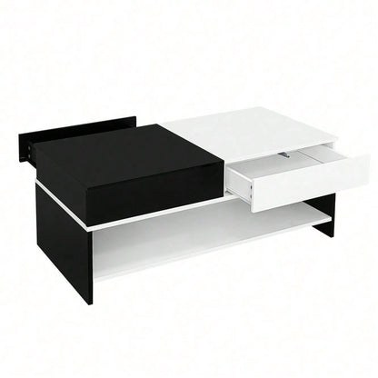 Moderner Couchtisch mit 2 Schubladen – Schwarz-Weiß-Design, Stauraum, Hochglanz-Tischplatte, 100 cm lang