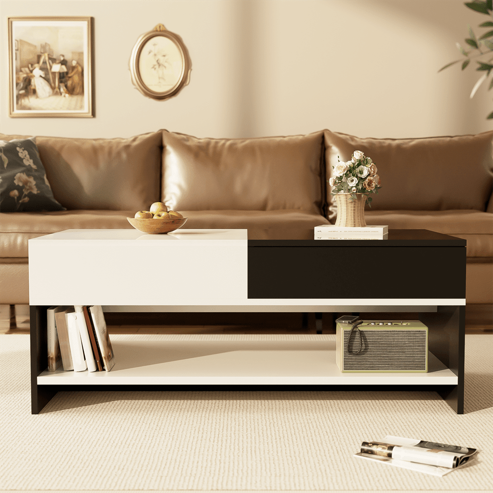 Moderner Couchtisch mit 2 Schubladen – Schwarz-Weiß-Design, Stauraum, Hochglanz-Tischplatte, 100 cm lang