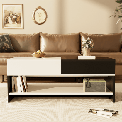 Moderner Couchtisch mit 2 Schubladen – Schwarz-Weiß-Design, Stauraum, Hochglanz-Tischplatte, 100 cm lang