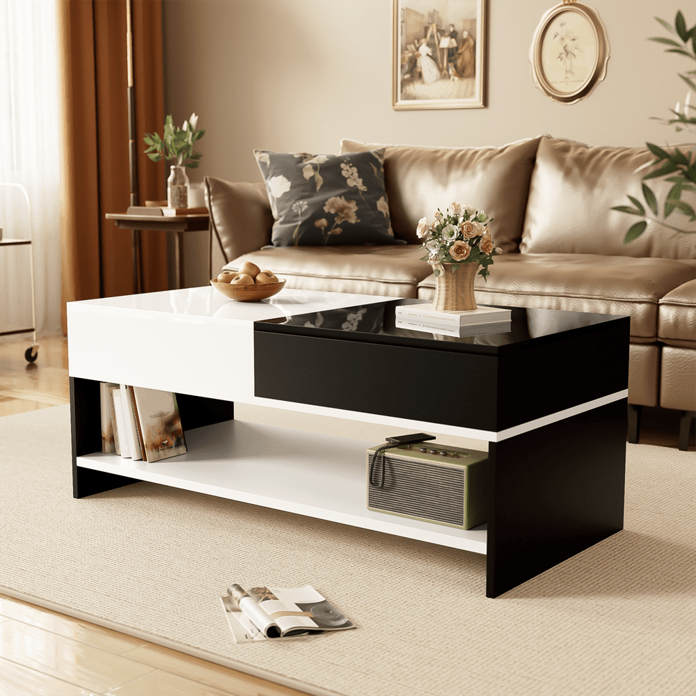 Moderner Couchtisch mit 2 Schubladen – Schwarz-Weiß-Design, Stauraum, Hochglanz-Tischplatte, 100 cm lang