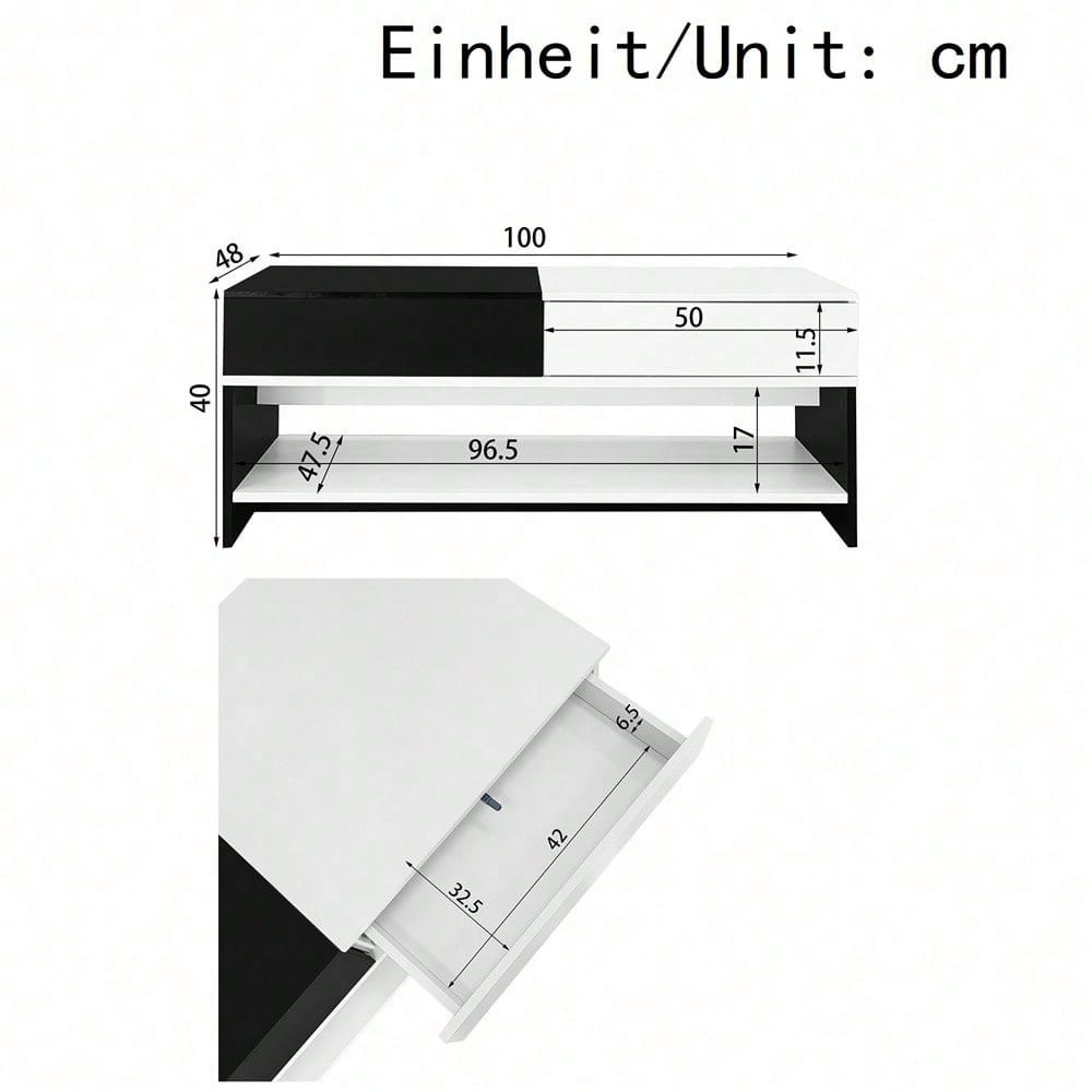 Moderner Couchtisch mit 2 Schubladen – Schwarz-Weiß-Design, Stauraum, Hochglanz-Tischplatte, 100 cm lang