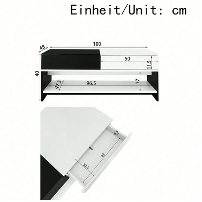 Moderner Couchtisch mit 2 Schubladen – Schwarz-Weiß-Design, Stauraum, Hochglanz-Tischplatte, 100 cm lang