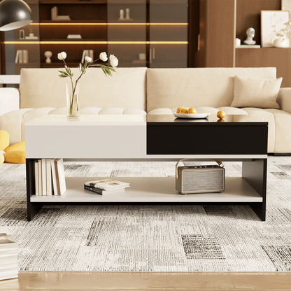 Moderner Couchtisch mit 2 Schubladen – Schwarz-Weiß-Design, Stauraum, Hochglanz-Tischplatte, 100 cm lang