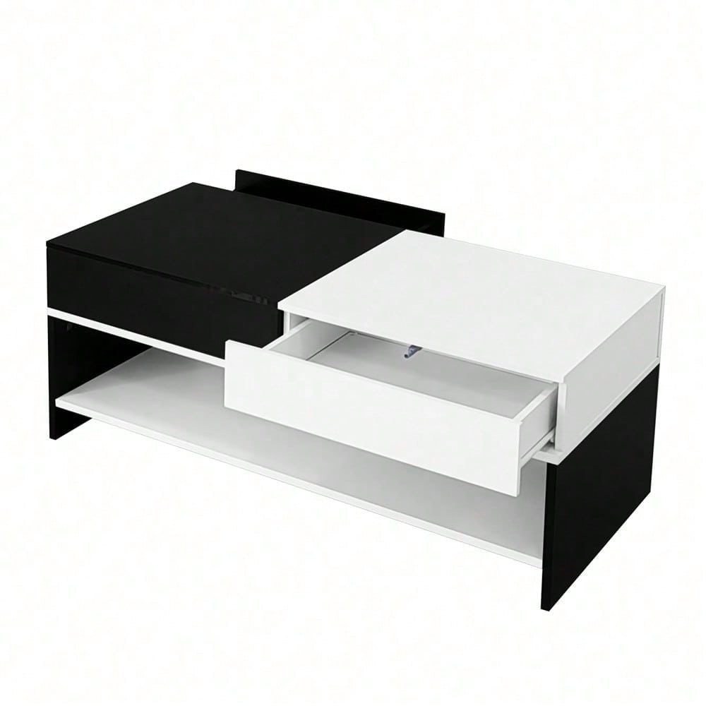 Moderner Couchtisch mit 2 Schubladen – Schwarz-Weiß-Design, Stauraum, Hochglanz-Tischplatte, 100 cm lang