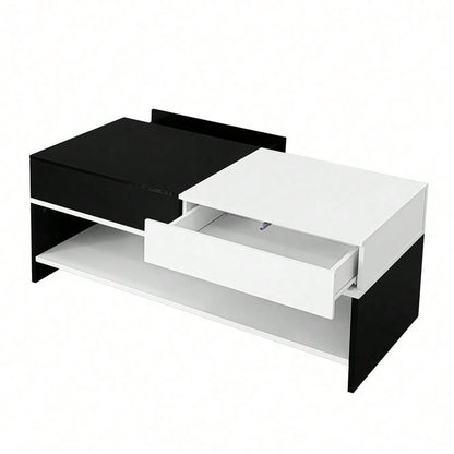 Moderner Couchtisch mit 2 Schubladen – Schwarz-Weiß-Design, Stauraum, Hochglanz-Tischplatte, 100 cm lang