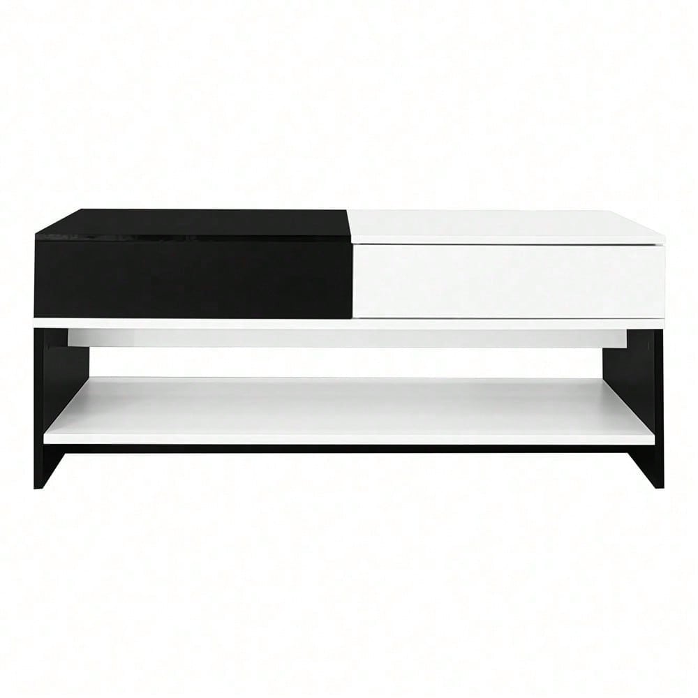 Moderner Couchtisch mit 2 Schubladen – Schwarz-Weiß-Design, Stauraum, Hochglanz-Tischplatte, 100 cm lang
