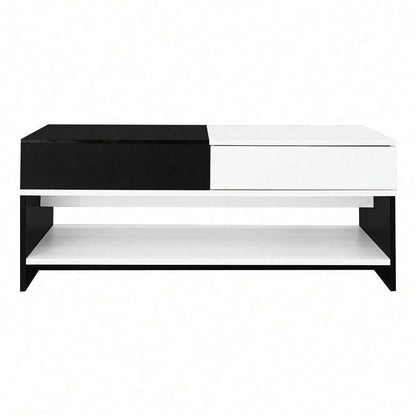 Moderner Couchtisch mit 2 Schubladen – Schwarz-Weiß-Design, Stauraum, Hochglanz-Tischplatte, 100 cm lang
