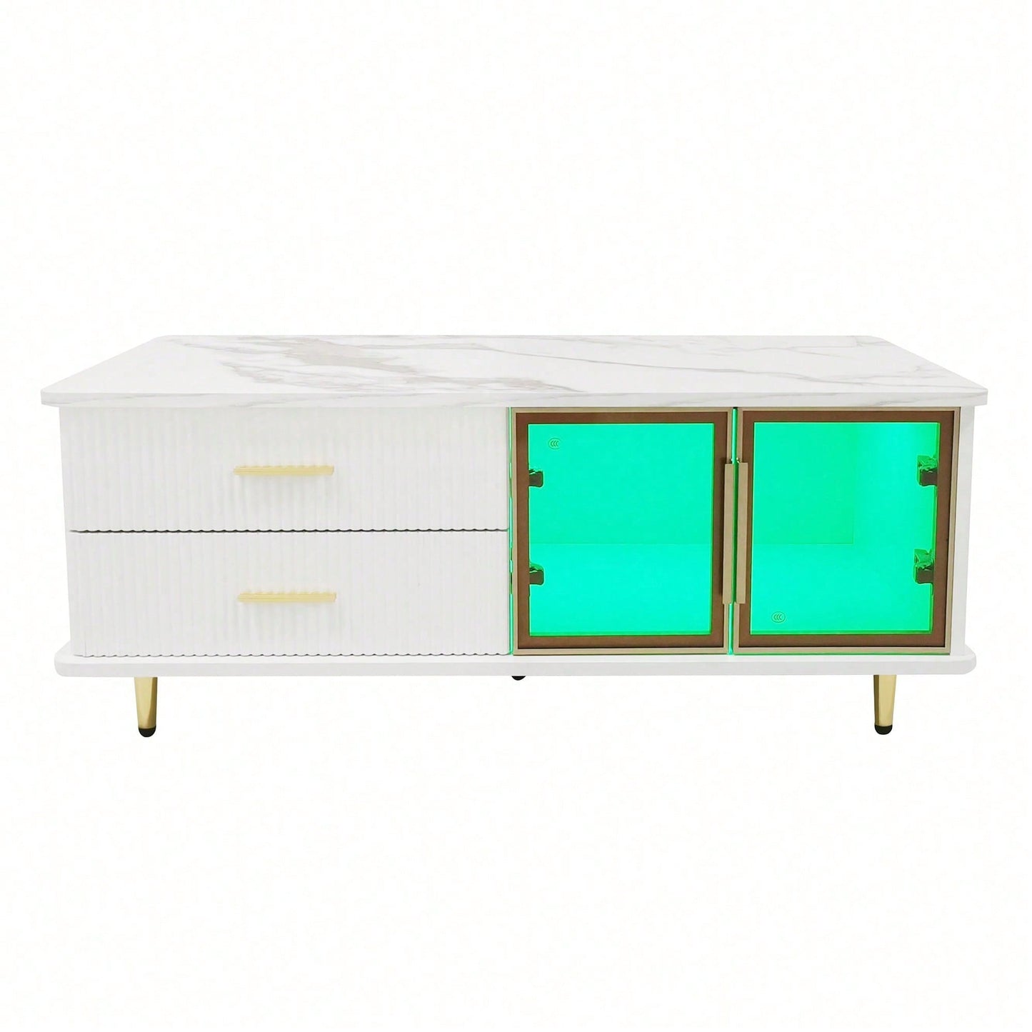 Couchtisch, Beistelltisch mit Tür aus gehärtetem Glas, Schubladen mit Wellenstruktur, goldenen Griffen und Beinen, Tischplatte mit Marmorstruktur.