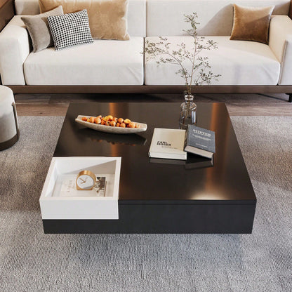 Couchtisch, Hochglanz-Wohnzimmertisch, Beistelltisch mit abnehmbarer Aufbewahrungsbox, Farbblockweiß und Schwarz, 72*72*30 cm, Mit LED-Lichteffekt.