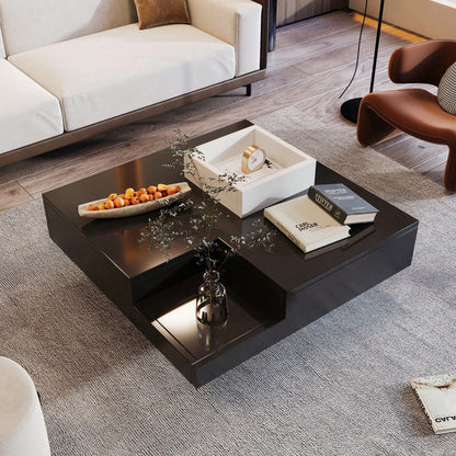 Couchtisch, Hochglanz-Wohnzimmertisch, Beistelltisch mit abnehmbarer Aufbewahrungsbox, Farbblockweiß und Schwarz, 72*72*30 cm, Mit LED-Lichteffekt.