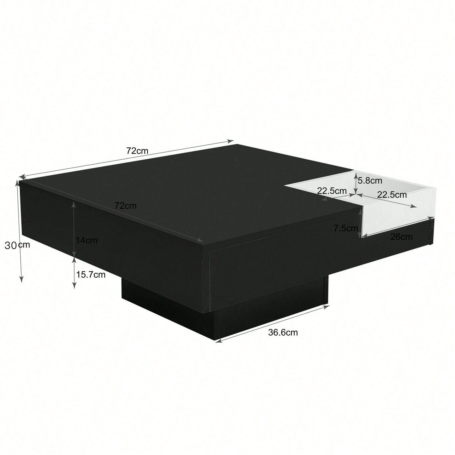 Couchtisch, Hochglanz-Wohnzimmertisch, Beistelltisch mit abnehmbarer Aufbewahrungsbox, Farbblockweiß und Schwarz, 72*72*30 cm, Mit LED-Lichteffekt.