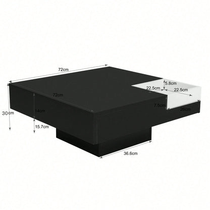 Couchtisch, Hochglanz-Wohnzimmertisch, Beistelltisch mit abnehmbarer Aufbewahrungsbox, Farbblockweiß und Schwarz, 72*72*30 cm, Mit LED-Lichteffekt.