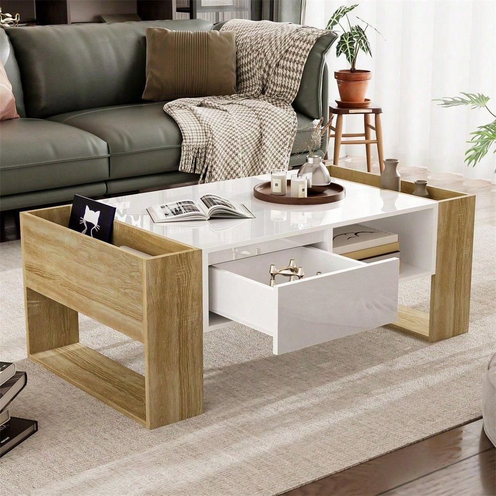 Moderner Couchtisch 105 x 60 x 40 cm - teilweise hochglanz, mit Schubladen und offenen Fächern