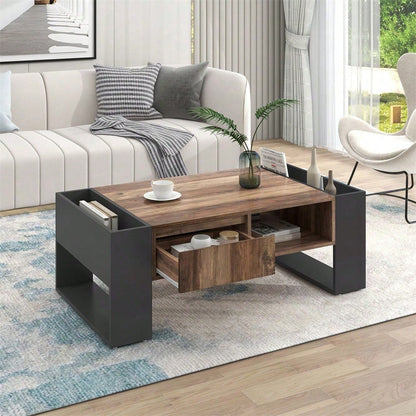 Couchtisch aus Holzmaserung, mit Eine grifflose Schublade, ein Staufach und Heckstaufach,doppelseitiger Stauraum. Mit Staufächern auf beiden Seiten. Wohnzimmer-Sofatisch, großer Stauraum. Anthrazit.